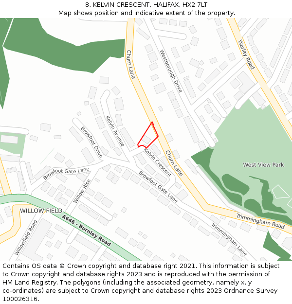 8, KELVIN CRESCENT, HALIFAX, HX2 7LT: Location map and indicative extent of plot