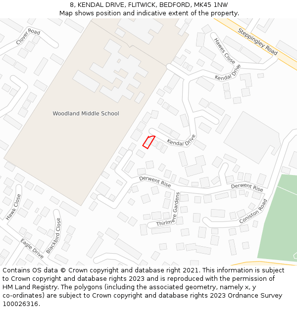 8, KENDAL DRIVE, FLITWICK, BEDFORD, MK45 1NW: Location map and indicative extent of plot