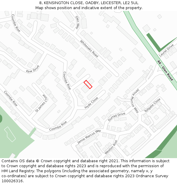 8, KENSINGTON CLOSE, OADBY, LEICESTER, LE2 5UL: Location map and indicative extent of plot