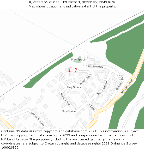 8, KERRISON CLOSE, LIDLINGTON, BEDFORD, MK43 0UW: Location map and indicative extent of plot
