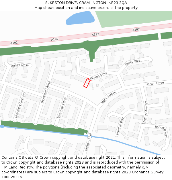 8, KESTON DRIVE, CRAMLINGTON, NE23 3QA: Location map and indicative extent of plot