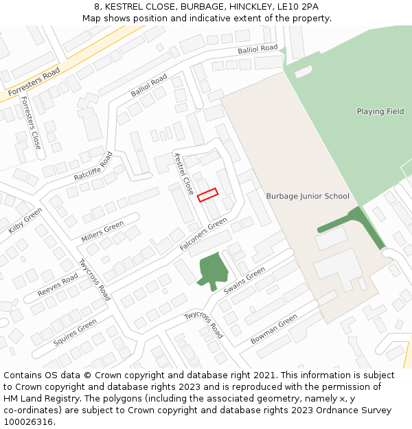 8, KESTREL CLOSE, BURBAGE, HINCKLEY, LE10 2PA: Location map and indicative extent of plot