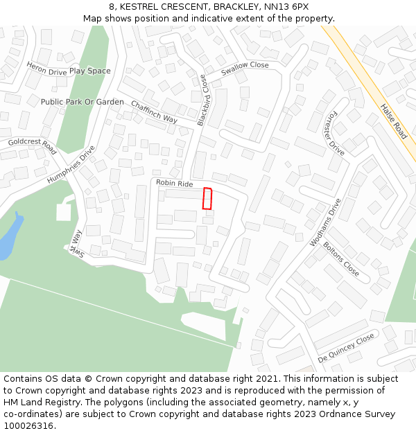 8, KESTREL CRESCENT, BRACKLEY, NN13 6PX: Location map and indicative extent of plot