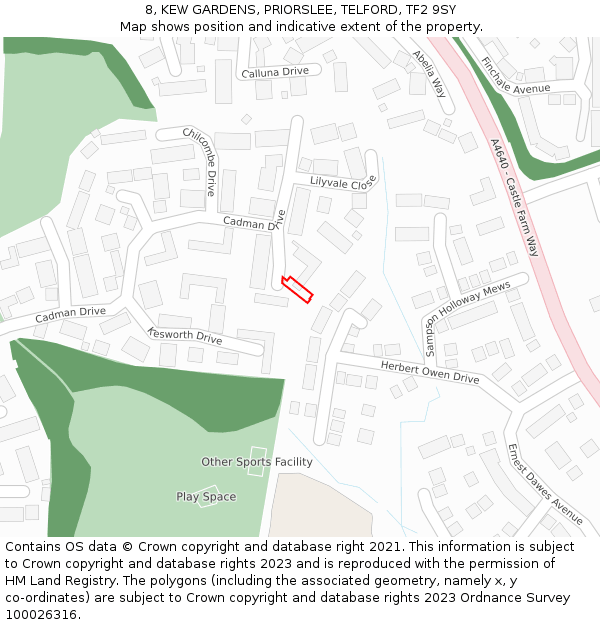 8, KEW GARDENS, PRIORSLEE, TELFORD, TF2 9SY: Location map and indicative extent of plot