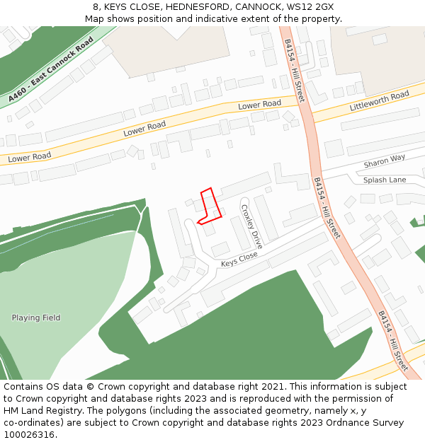 8, KEYS CLOSE, HEDNESFORD, CANNOCK, WS12 2GX: Location map and indicative extent of plot