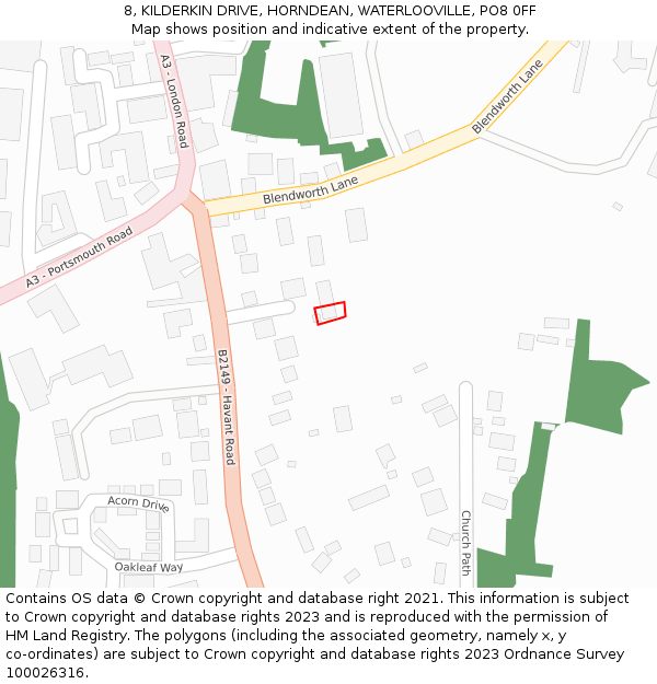 8, KILDERKIN DRIVE, HORNDEAN, WATERLOOVILLE, PO8 0FF: Location map and indicative extent of plot