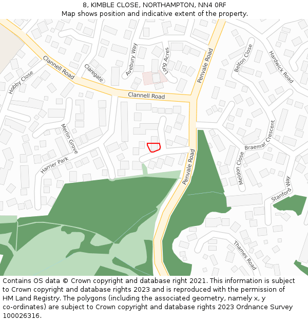 8, KIMBLE CLOSE, NORTHAMPTON, NN4 0RF: Location map and indicative extent of plot