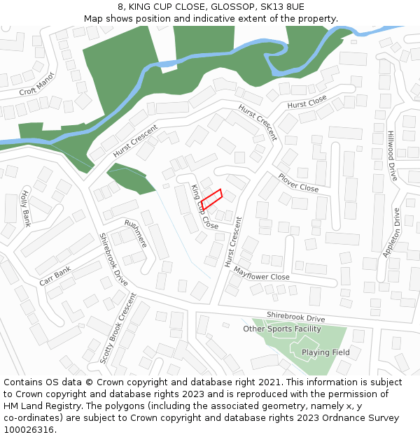 8, KING CUP CLOSE, GLOSSOP, SK13 8UE: Location map and indicative extent of plot