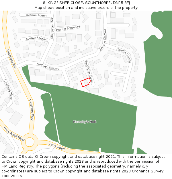 8, KINGFISHER CLOSE, SCUNTHORPE, DN15 8EJ: Location map and indicative extent of plot