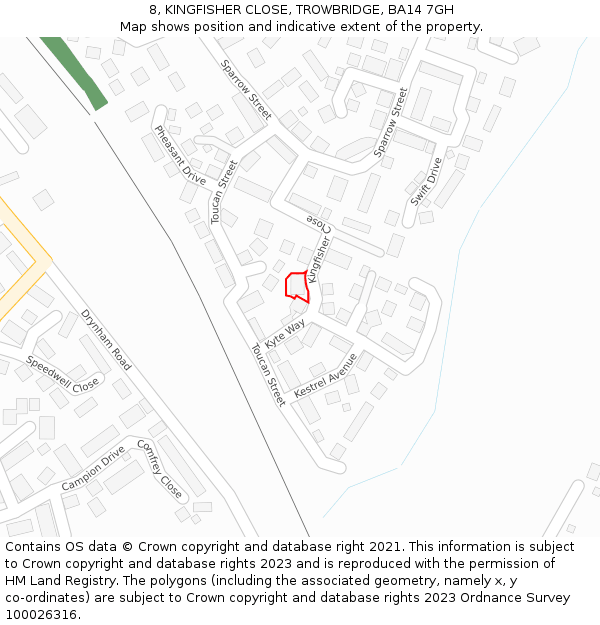 8, KINGFISHER CLOSE, TROWBRIDGE, BA14 7GH: Location map and indicative extent of plot