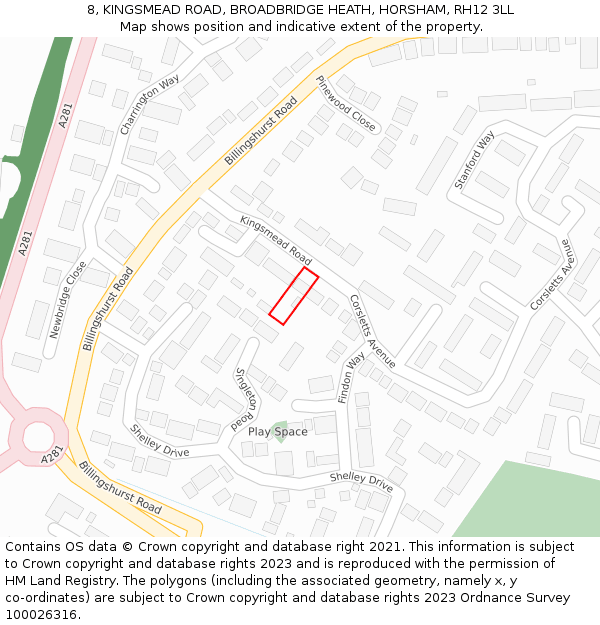 8, KINGSMEAD ROAD, BROADBRIDGE HEATH, HORSHAM, RH12 3LL: Location map and indicative extent of plot