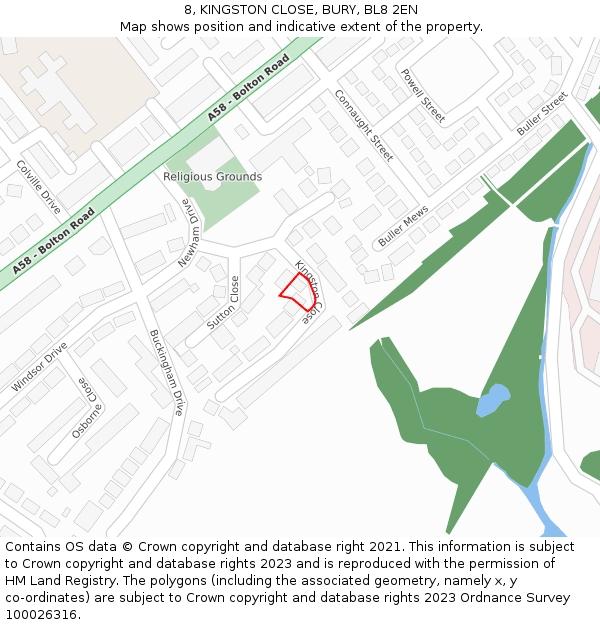 8, KINGSTON CLOSE, BURY, BL8 2EN: Location map and indicative extent of plot