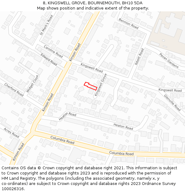 8, KINGSWELL GROVE, BOURNEMOUTH, BH10 5DA: Location map and indicative extent of plot