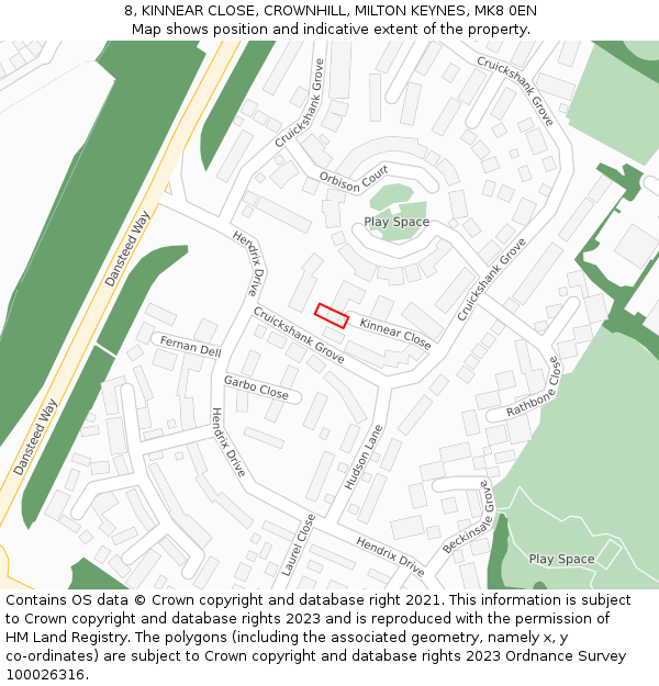 8, KINNEAR CLOSE, CROWNHILL, MILTON KEYNES, MK8 0EN: Location map and indicative extent of plot