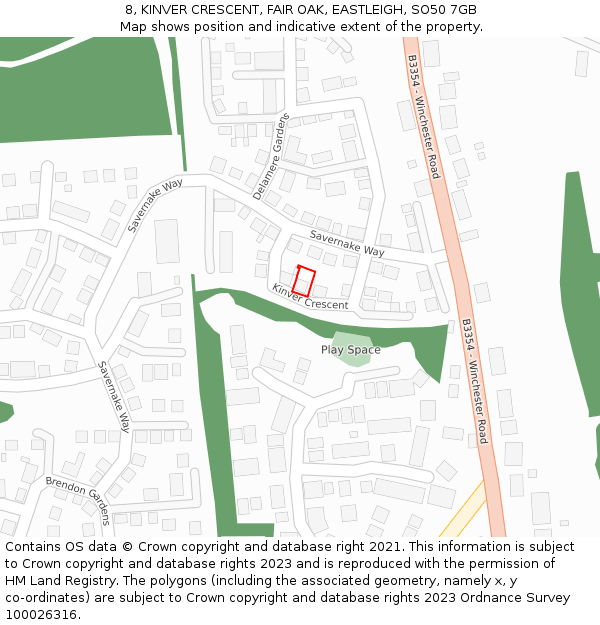 8, KINVER CRESCENT, FAIR OAK, EASTLEIGH, SO50 7GB: Location map and indicative extent of plot