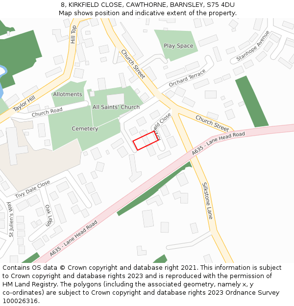 8, KIRKFIELD CLOSE, CAWTHORNE, BARNSLEY, S75 4DU: Location map and indicative extent of plot