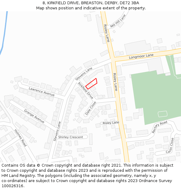 8, KIRKFIELD DRIVE, BREASTON, DERBY, DE72 3BA: Location map and indicative extent of plot