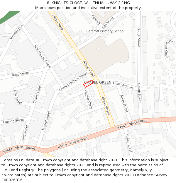 8, KNIGHTS CLOSE, WILLENHALL, WV13 1NG: Location map and indicative extent of plot