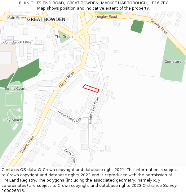 8, KNIGHTS END ROAD, GREAT BOWDEN, MARKET HARBOROUGH, LE16 7EY: Location map and indicative extent of plot