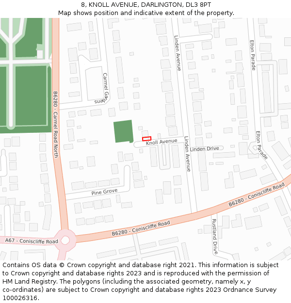 8, KNOLL AVENUE, DARLINGTON, DL3 8PT: Location map and indicative extent of plot