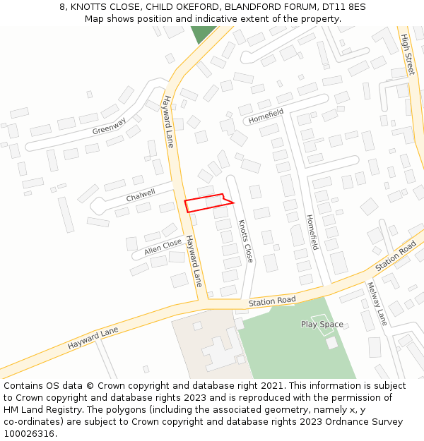 8, KNOTTS CLOSE, CHILD OKEFORD, BLANDFORD FORUM, DT11 8ES: Location map and indicative extent of plot