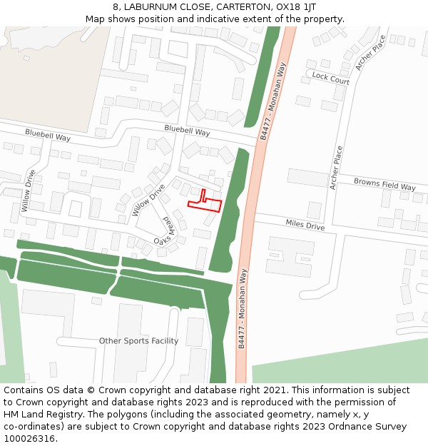 8, LABURNUM CLOSE, CARTERTON, OX18 1JT: Location map and indicative extent of plot