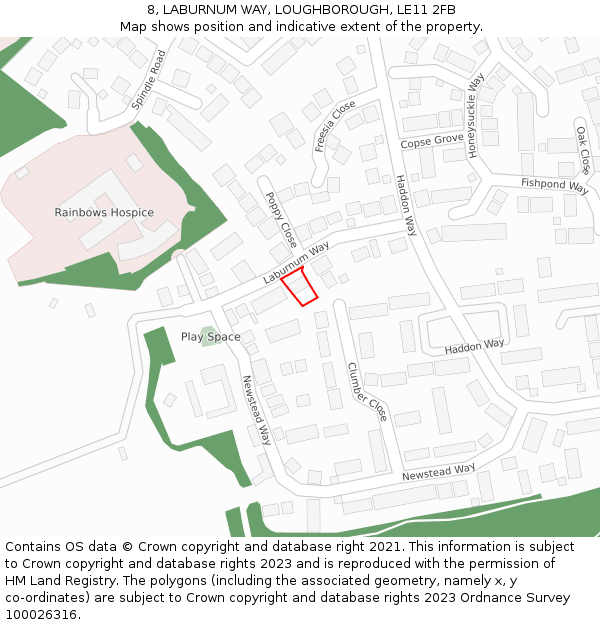 8, LABURNUM WAY, LOUGHBOROUGH, LE11 2FB: Location map and indicative extent of plot