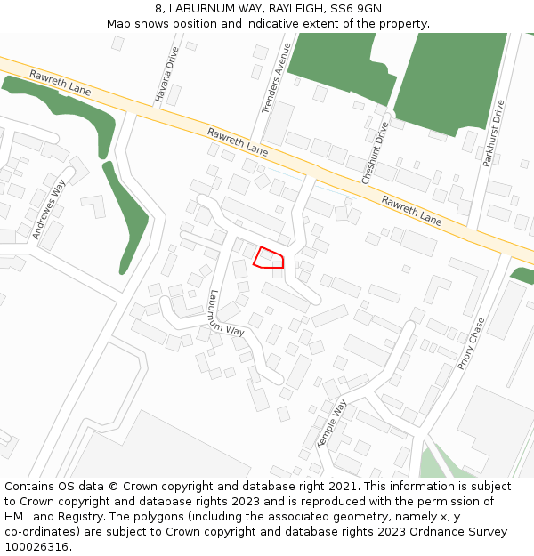 8, LABURNUM WAY, RAYLEIGH, SS6 9GN: Location map and indicative extent of plot