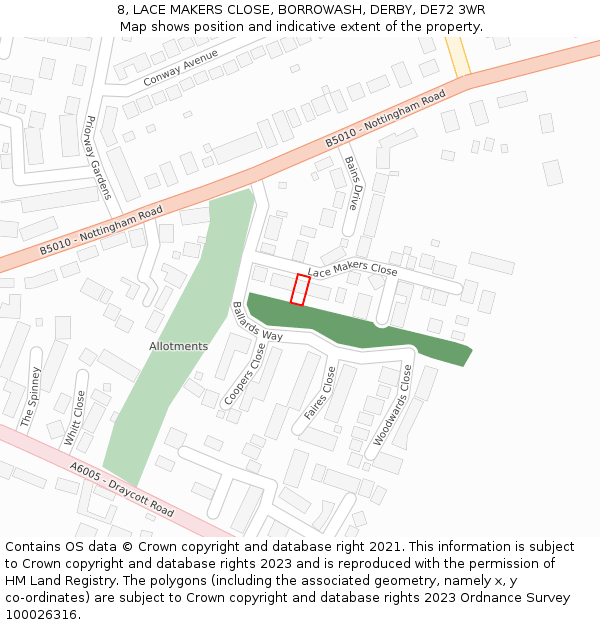 8, LACE MAKERS CLOSE, BORROWASH, DERBY, DE72 3WR: Location map and indicative extent of plot