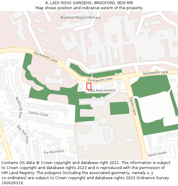 8, LADY ROYD GARDENS, BRADFORD, BD9 6RF: Location map and indicative extent of plot