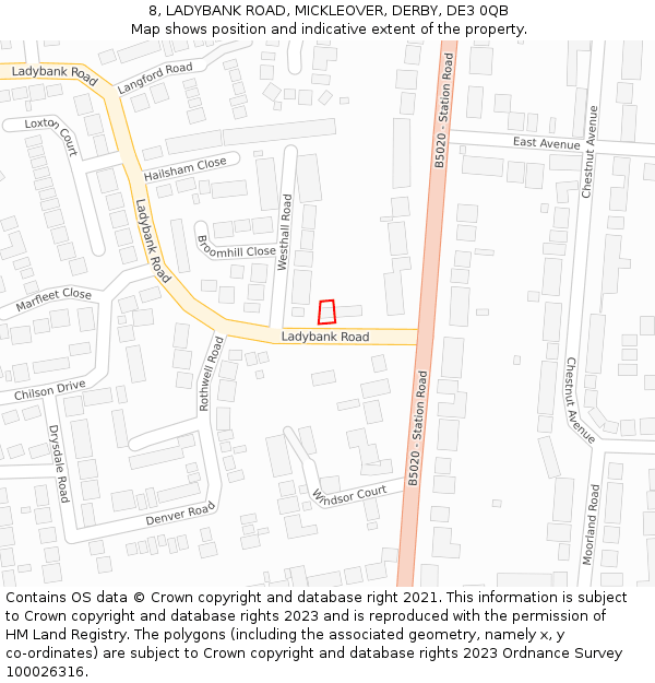 8, LADYBANK ROAD, MICKLEOVER, DERBY, DE3 0QB: Location map and indicative extent of plot