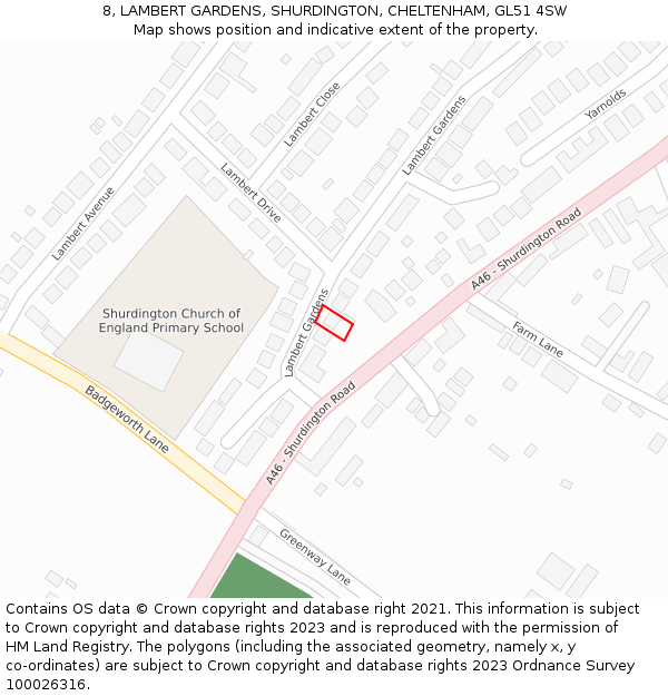 8, LAMBERT GARDENS, SHURDINGTON, CHELTENHAM, GL51 4SW: Location map and indicative extent of plot