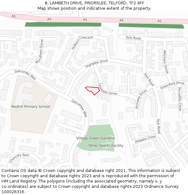 8, LAMBETH DRIVE, PRIORSLEE, TELFORD, TF2 9FF: Location map and indicative extent of plot