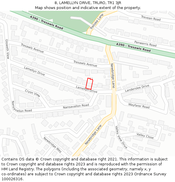 8, LAMELLYN DRIVE, TRURO, TR1 3JR: Location map and indicative extent of plot