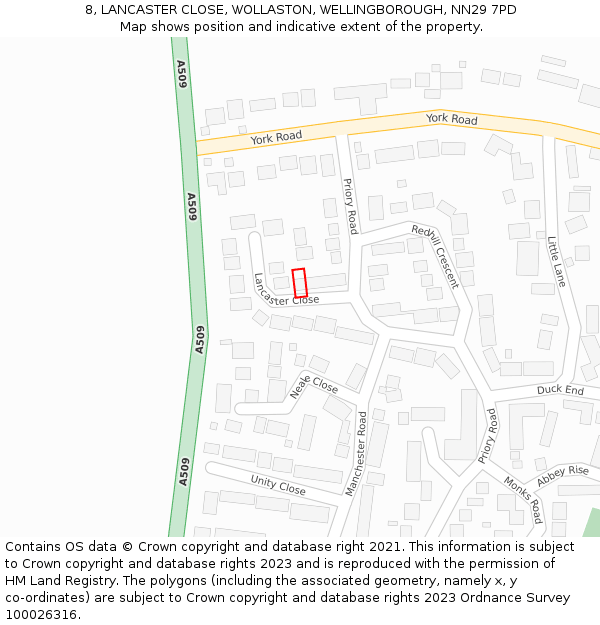 8, LANCASTER CLOSE, WOLLASTON, WELLINGBOROUGH, NN29 7PD: Location map and indicative extent of plot
