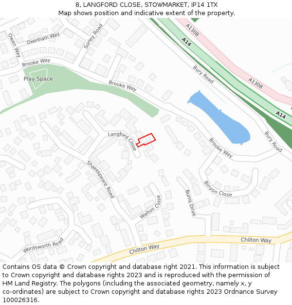 8, LANGFORD CLOSE, STOWMARKET, IP14 1TX: Location map and indicative extent of plot