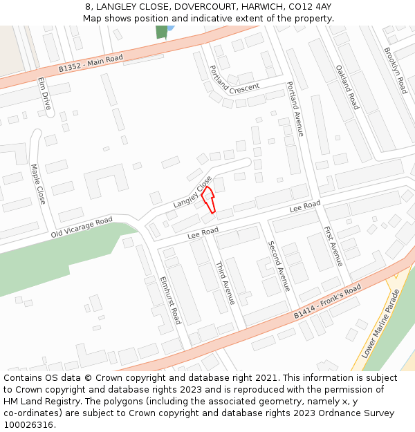 8, LANGLEY CLOSE, DOVERCOURT, HARWICH, CO12 4AY: Location map and indicative extent of plot