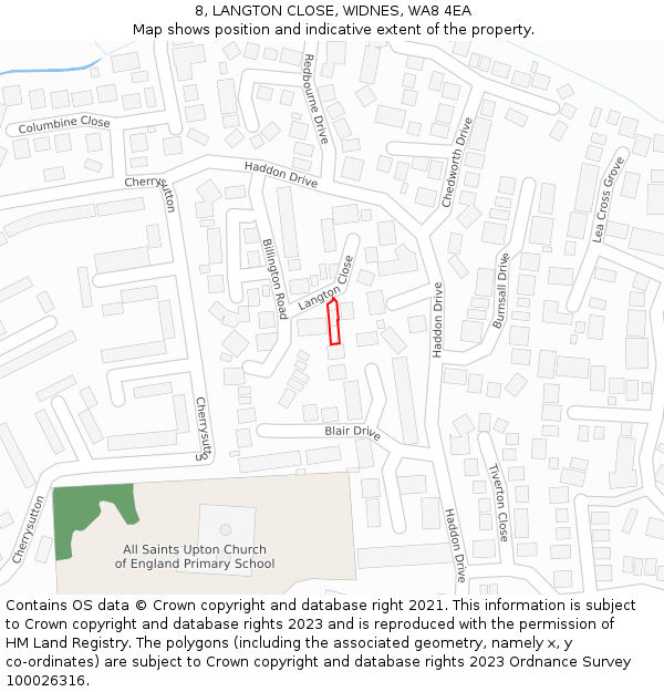 8, LANGTON CLOSE, WIDNES, WA8 4EA: Location map and indicative extent of plot