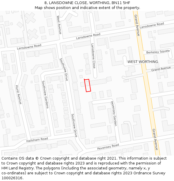 8, LANSDOWNE CLOSE, WORTHING, BN11 5HF: Location map and indicative extent of plot