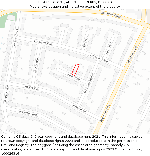 8, LARCH CLOSE, ALLESTREE, DERBY, DE22 2JA: Location map and indicative extent of plot