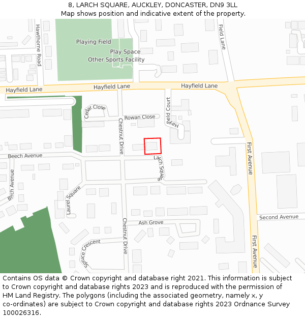 8, LARCH SQUARE, AUCKLEY, DONCASTER, DN9 3LL: Location map and indicative extent of plot