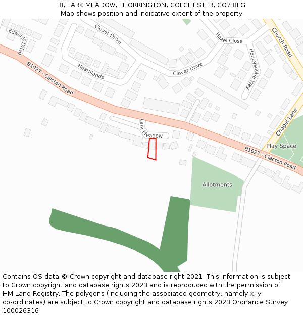 8, LARK MEADOW, THORRINGTON, COLCHESTER, CO7 8FG: Location map and indicative extent of plot