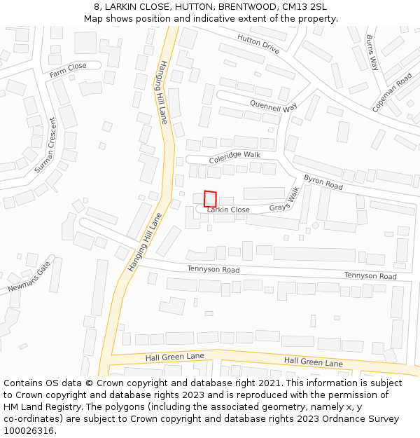 8, LARKIN CLOSE, HUTTON, BRENTWOOD, CM13 2SL: Location map and indicative extent of plot