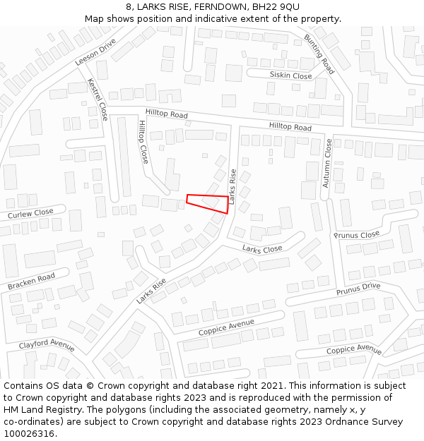 8, LARKS RISE, FERNDOWN, BH22 9QU: Location map and indicative extent of plot