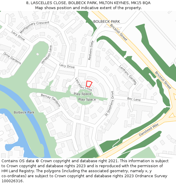 8, LASCELLES CLOSE, BOLBECK PARK, MILTON KEYNES, MK15 8QA: Location map and indicative extent of plot