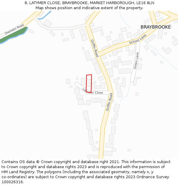 8, LATYMER CLOSE, BRAYBROOKE, MARKET HARBOROUGH, LE16 8LN: Location map and indicative extent of plot