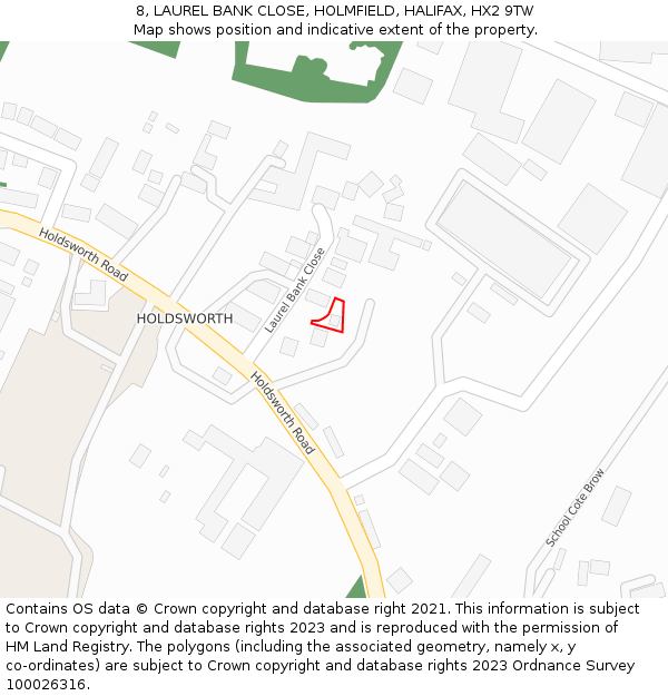 8, LAUREL BANK CLOSE, HOLMFIELD, HALIFAX, HX2 9TW: Location map and indicative extent of plot