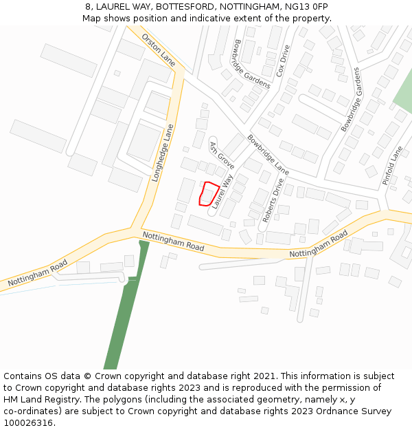 8, LAUREL WAY, BOTTESFORD, NOTTINGHAM, NG13 0FP: Location map and indicative extent of plot