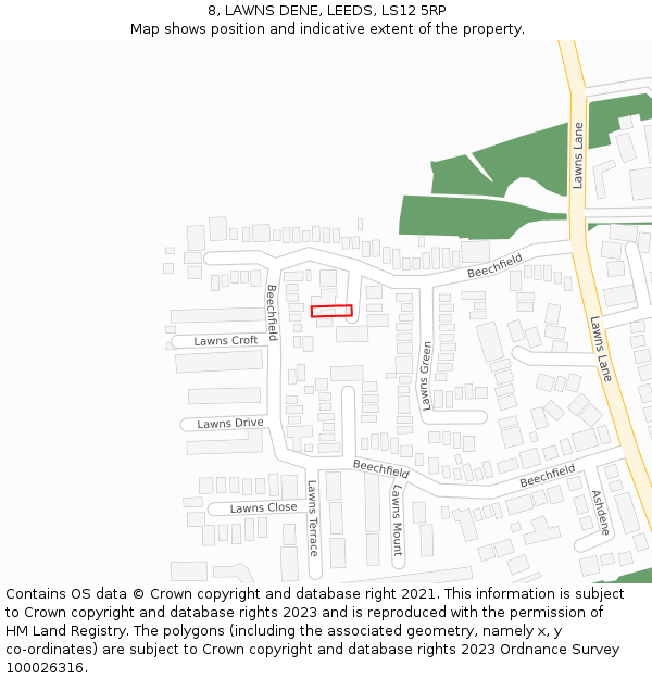 8, LAWNS DENE, LEEDS, LS12 5RP: Location map and indicative extent of plot