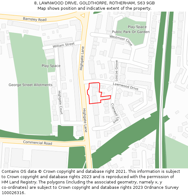 8, LAWNWOOD DRIVE, GOLDTHORPE, ROTHERHAM, S63 9GB: Location map and indicative extent of plot